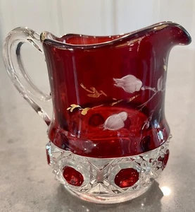 VTG Box in Box Ruby Flash Glass Creamer Pitcher EAPG by Riverside Glass Floral - Picture 1 of 10