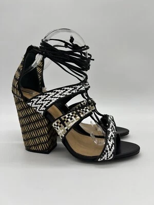 Schutz Woven Raffia Block Heel Lace-Up Strappy Sandals Black/White Sz 7 - Image 1 of 4