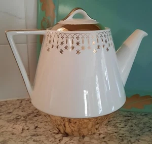 Hall Pottery White Coffee Pot USA Flare Ware "GOLD LACE" Atomic Stars Vintage - Picture 1 of 13