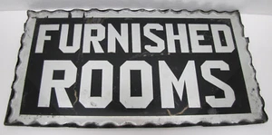 FURNISHED ROOMS Sign Antique Chip Glass Scalloped Mirrored Tin Metal Frame B&B - Picture 1 of 12