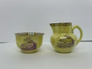 Atq Nimy Porcellana Transferware Crema e Zucchero Belgio Giallo Lustro Merce Capra - Foto 1 di 6