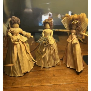 Set 3 Maishülsen Puppe Dame mit langem Kleid Handarbeit Vintage selten - Bild 1 von 6