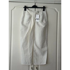 Ecru Zara Knotted Pleated Wrap Linen Blend Midi Skirt - M - Picture 1 of 23