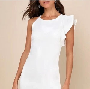 Small LULU'S White Asymmetric Ruffle Sleeve Knit Mini Dress Zip Back - Picture 1 of 7