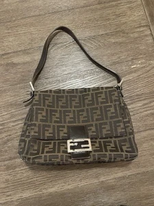 Auth FENDI Mamma Baguette Bag Zucca FF logo Handbag Leather Canvas Brown Bag - Picture 1 of 17