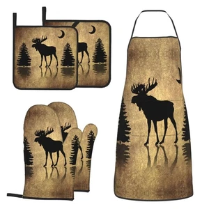 Rustic Elk Moose Deer Forest Pine Tree Moon Design Oven Mitts and Pot Holders... - Foto 1 di 7