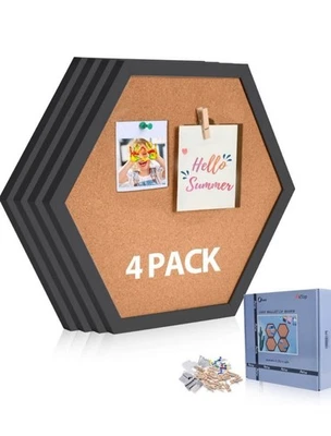 Cork Bulletin Board Hexagon 4 Pack Small Framed Corkboard Tiles for Wall Thic... - Image 1 of 4