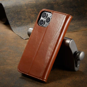 For iPhone 16 Pro Max 15 14 13 Genuine Leather Card Slot Flip Stand Wallet Case - Picture 1 of 15