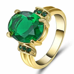 Green Emerald CZ Engagement Ring 10KT Yellow Gold Filled Wedding Band Size 9 - Picture 1 of 2