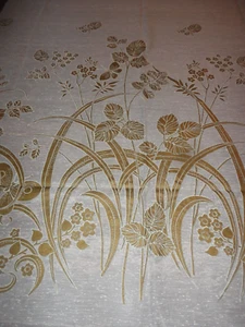 Tessuto vintage anni 70 semi trasparente semi voile oro stampa floreale 60" L x 85" L - Foto 1 di 3
