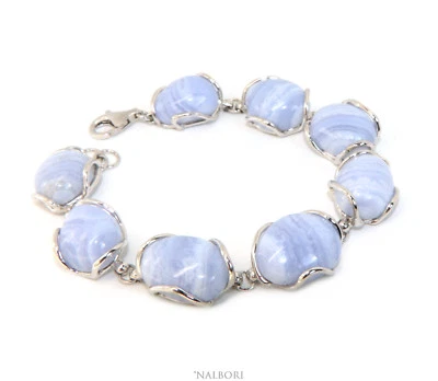BRACCIALE DONNA ARGENTO 925 MADE IN ITALY CALCEDONIO NATURALE PIETRE AZZURRO  - Immagine 1 di 3