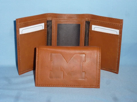 MICHIGAN WOLVERINES   Leather TriFold Wallet    NEW    brown 2  "M" Cover