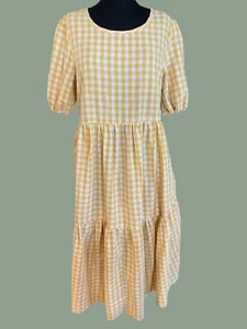 Women's Cotton Yellow Gingham Midi Pullover Boho Peasant Garden Dress Sz XL - Picture 1 of 6