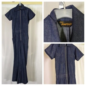 Vintage 60s 70s Mod Indigo Denim Jumpsuit Bell-bottoms Flare 34 Sears Talon USA - Picture 1 of 8