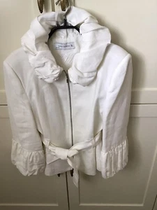Zara Beautiful White Linen Jacket, Ruffle Collar And Cuffs, Tie Belt Size Large. - Picture 1 of 3