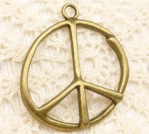 BIG BRONZE ANTI WAR RETRO PEACE SIGN LOVE HIPPIE pendant 26" 925 Silver Necklace - Picture 1 of 8