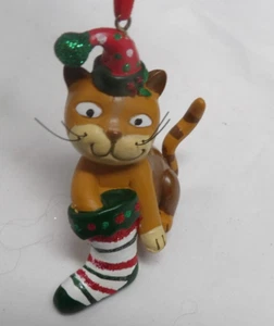 Cat Wearing A Santa Hat & Holding A Stocking Christmas Ornament 3 1/2" Tall - Picture 1 of 2