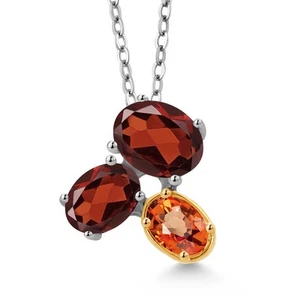 925 Silver and 10K Yellow Gold Garnet and Orange Sapphire Pendant Necklace For - Picture 1 of 4