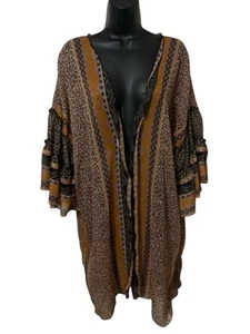Democracy Kimono Womens L/XL Brown Animal Print Ruffle Lagenlook Boho Coverup - Picture 1 of 8