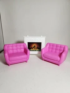 Barbie Doll Furniture Lot Dreamhouse White Fireplace Pink Loveseat Set Chair - Picture 1 of 10