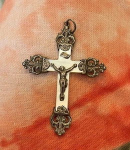 "Antiguo crucifijo francés madreperla plata 2,5"" colgante cruz rosario gótico" - Imagen 1 de 21