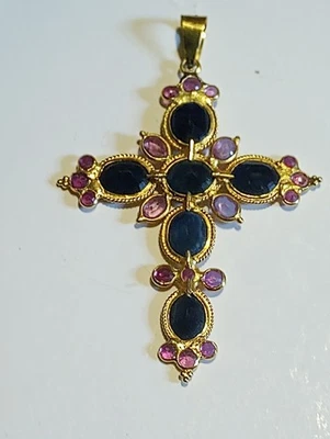  18K Yellow Gold Etruscan Natural Sapphire & Ruby Cross Charm Necklace Pendant - Image 1 of 4