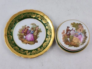 Limoges Veritable Porcelaine D'art Trinket Bx &Dish Courting Couple Wht/Grn/Gold - Picture 1 of 10
