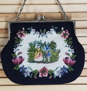 VTG Colonial Couple Rose Motif Needlepoint Purse Kiss Clasp Chain Handle READ - Picture 1 of 13