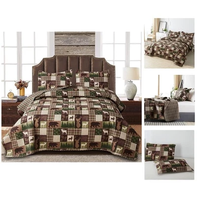 Full/Queen Reversible Lodge Plaid Bedspread with Moose and Bear Design - Image 1 of 4