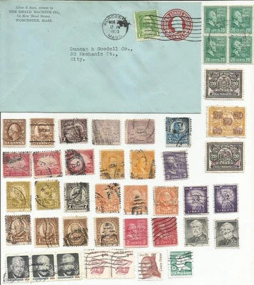PERFIN STAMP LOT USA WITH BLUE ENVELOPE ENTIRE  W/ OLD $1 STAMP & MULTIPLES - Image 1 of 2