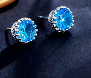Solitaire Stud Earrings Round 2.0Ct Lab-Created Blue Topaz 14K White Gold Plated