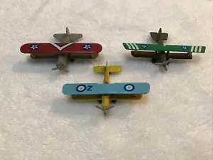 Vintage Set Of 3 Bi-planes. Die Cast Metal Set. Wheels And Propellers Spin. - Picture 1 of 4