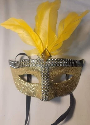 Máscara de fiesta veneciana dorada con brillo para mujer Mardi Gras con plumas Foto 1 de 3