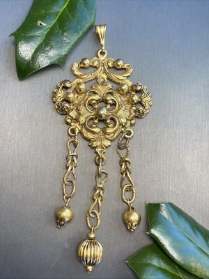 Pingente vintage joia usada folheada a ouro franja borla pergaminho 5" XXL - Imagem 1 de 4