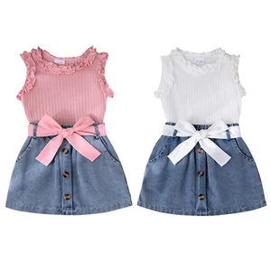 Baby Girls Skirt Set Solid Color Tank Tops Vest Kids Outfits Summer A-Line - Picture 1 of 30