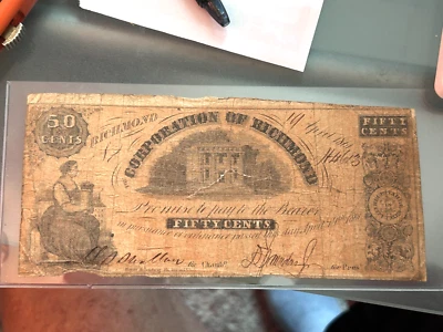 1861 THE CORPORATION OF RICHMOND VIRGINIA 50 CENTS NOTE Has TEAR - Image 1 of 2