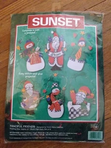 1997 Sunset Fanciful Friends Christmas Ornament Sewing Kit Santa and Snowmen - Picture 1 of 5