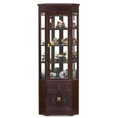 US SELLER - Dark Cherry Rosewood Chinese Longevity Corner Display Cabinet - Image 1 of 4