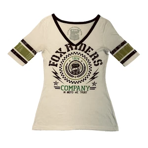 Womens Fox Riders Size XS Shirt White Green Motorcycle V Neck Short Sleeve - Picture 1 of 7
