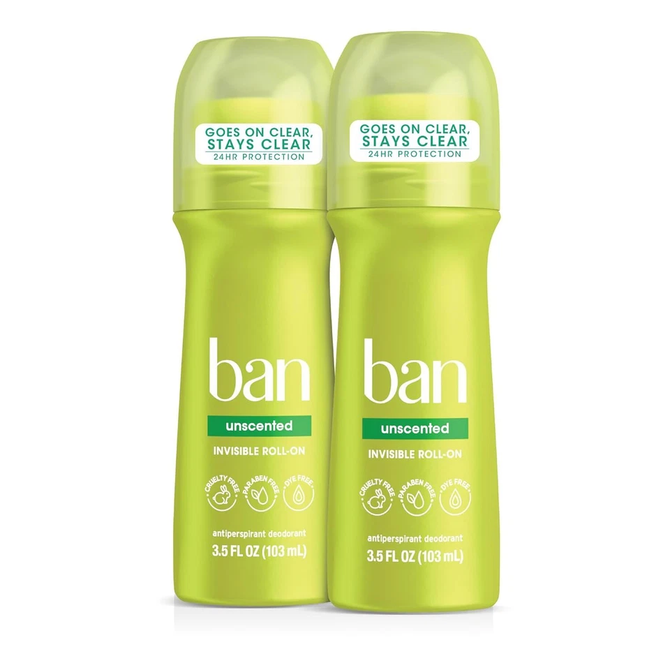 Antitranspirante invisible Ban Original sin perfume 24 horas, roll-on, 3,5 oz, paquete de 2 Foto 1 de 4