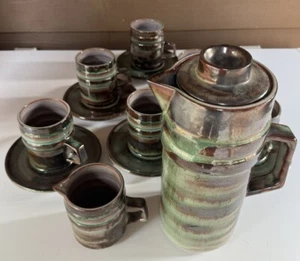 Llangollen Pottery Wales MCM Turquoise Green Pink Brown Glazed 15pc Tea Set - Picture 1 of 13