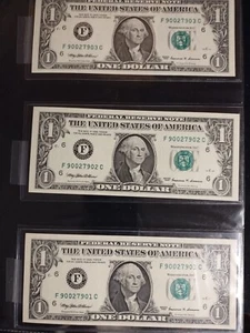 1999 Lot of 3 $1 Federal Reserve Notes Consecutive Serial Numbers UNC - Picture 1 of 5