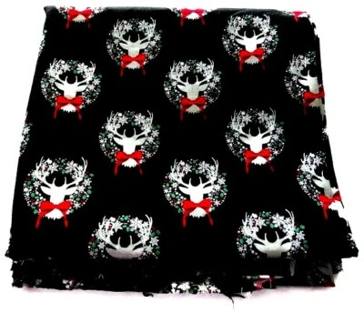 Tela de costura de Navidad coronas de renos blancas como la nieve edredón artesanal negro 2,5 yardas Foto 1 de 4