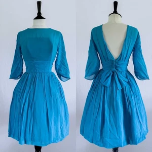 MARJON COUTURE ORIGINAL 1950S VINTAGE BLUE BONED COCKTAIL PARTY SWING DRESS 6-8 - Picture 1 of 9