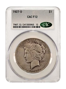 1927-D Peace Dollar CACG CAC Fine 12 F12 - Bild 1 von 2