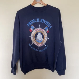 VTG 90s Y2K French Riviera Sailboat The Helm Hanes Activewear Sweatshirt XL Navy - Picture 1 of 8