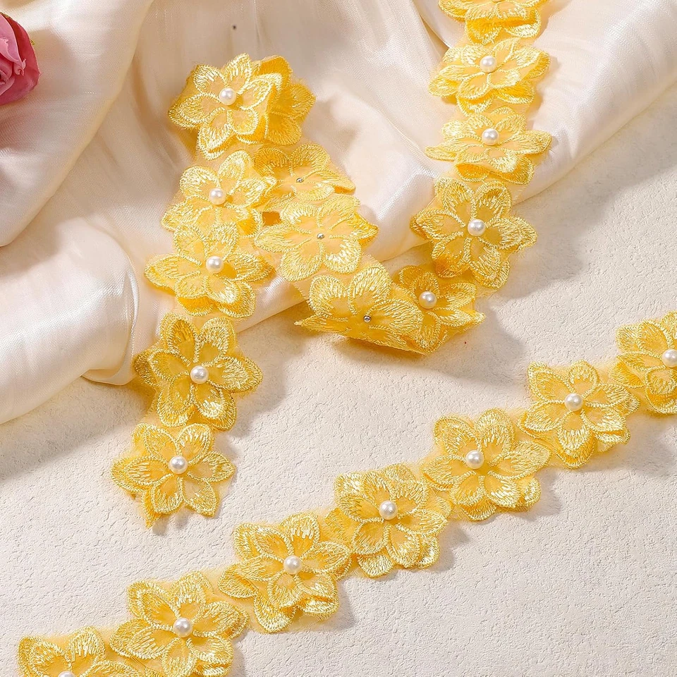 Cinta de encaje de flores amarillas 3D de 2 yardas, adornos de borde de encaje de flores de organza R Foto 1 de 4
