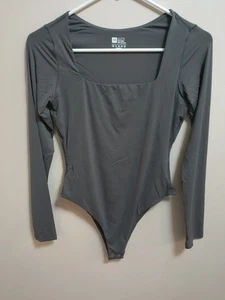Grey Bodysuit Medium V Neck Long Sleeve Ribbed Ballet - Picture 1 of 3