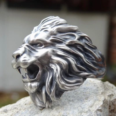 King of Lion Ring Sterling Silver 925 Roaring Head Biker Men Handmade Jewelry  - Image 1 of 4
