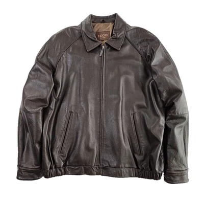 Chaqueta Bomber Izod Cremallera Completa Cuero Para Hombre XXL Marrón Usada en Excelente Condición LN 6 Bolsillos Bien Hecha Foto 1 de 4